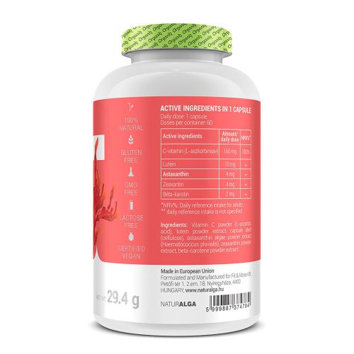 Természetes eredetű asztaxantin kapszula C-vitaminnal, luteinnel, zeaxantinnal és béta-karotinnal.