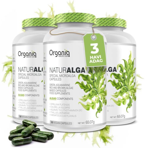 Alga kapszula komplex, 5 fajta prémium minőségű alga: spirulina, chlorella alga, astaxanthin, barna alga és alga kalcium egyedi keveréke.