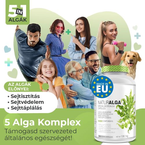 Alga kapszula komplex, 5 fajta prémium minőségű alga: spirulina, chlorella alga, astaxanthin, barna alga és alga kalcium egyedi keveréke.